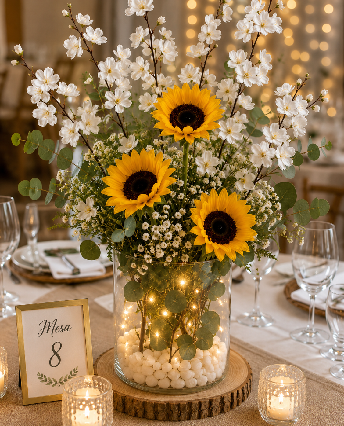 Arreglo de flores blancas y girasoles para la celebración
